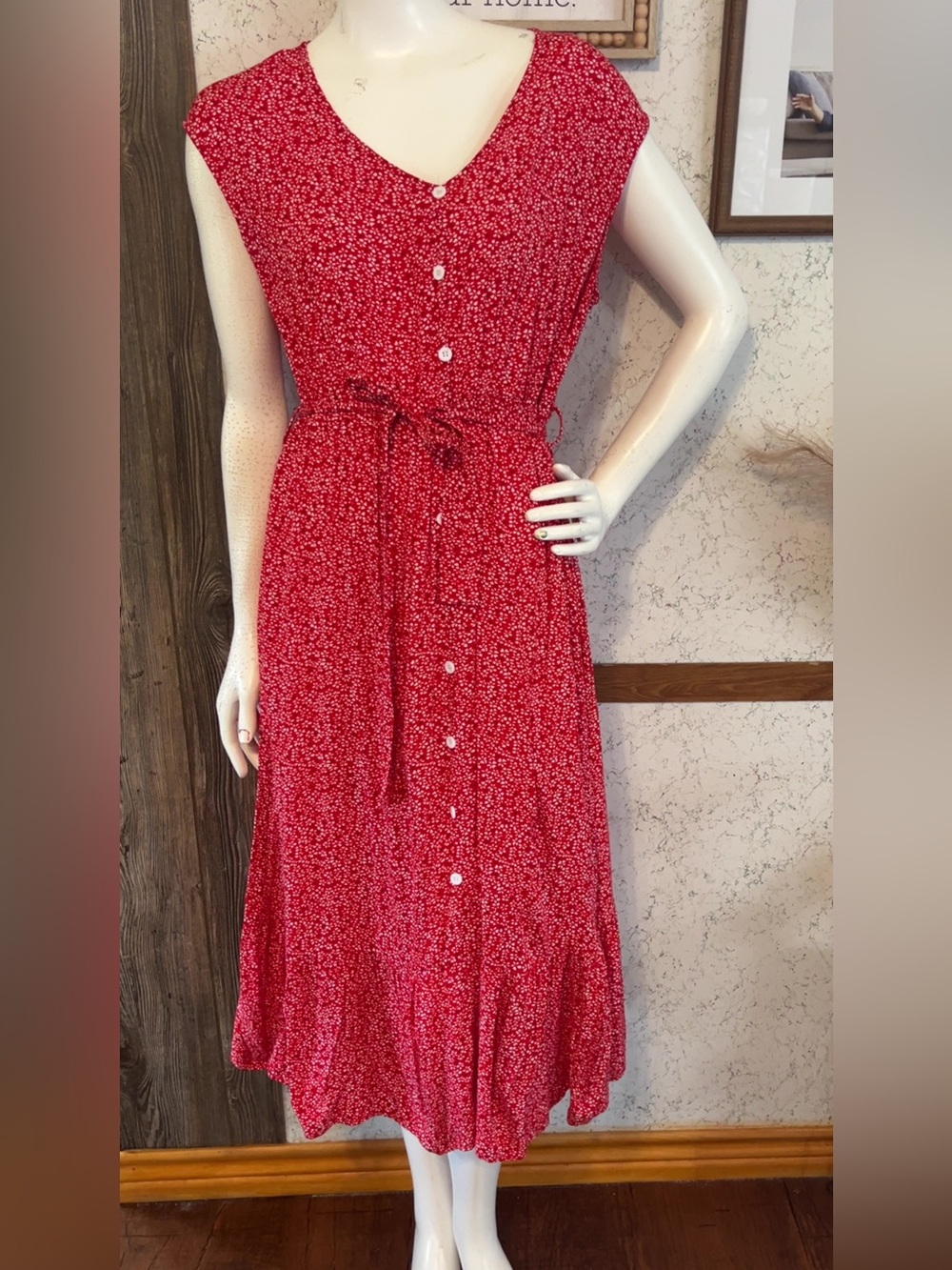 SHEIN Red Floral Button Front Midi Dress Size L 8/10